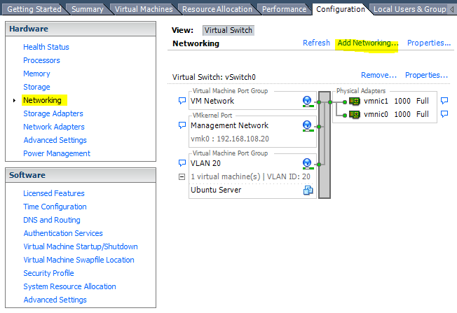vsphere standard network switch client add networking