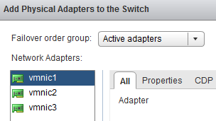 vsphere standard network switch web client add physical adapters